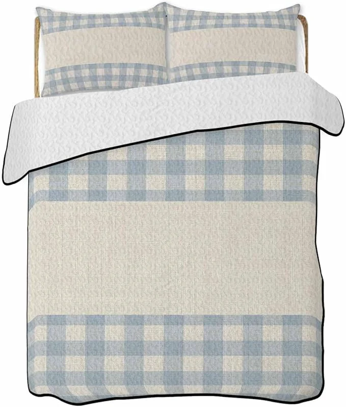 Reusable Quilts Full Size Retro Blue Soft Comforter Bedding Set for Bed Farmhouse Buffalo Plaid Vintage Beige Lightweight Quilted Bedspread with Pillow Cover 2 Pieces for All Season 78×90 Inch High-Quality