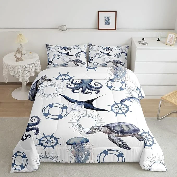 Smart Sea Turtle Bedding Set for Boys Girls Octopus Jellyfish Ocean Life All Season Cozy Comforter Set Full Size Nautical Style Sea Animals Duvet Set Bedroom Décor Gift for Kids Casual