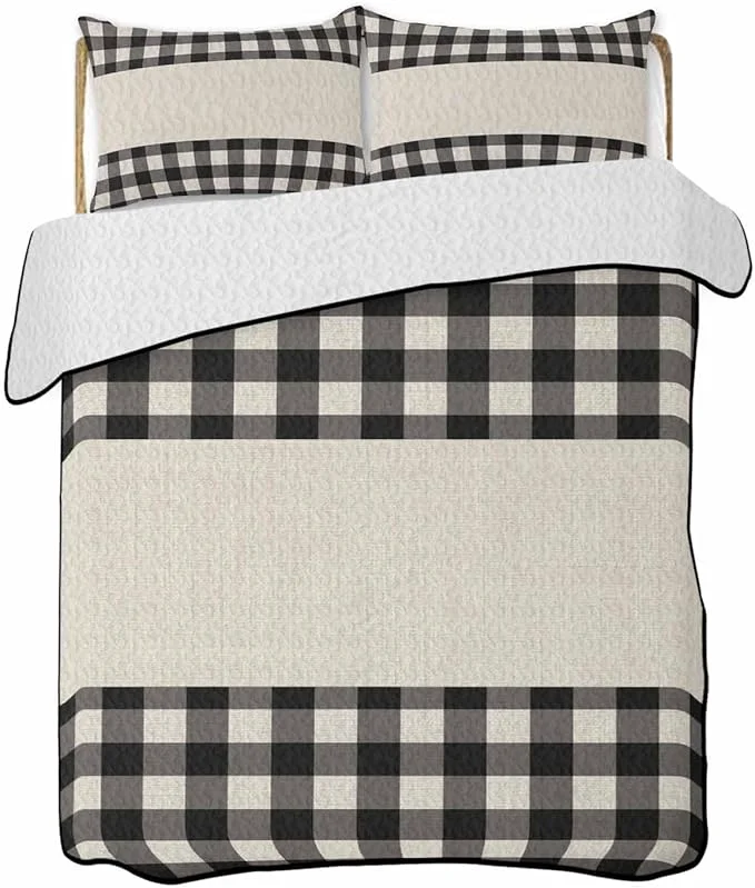 Classic Quilts Queen Size Retro Black Soft Comforter Bedding Set for Bed Farmhouse Buffalo Plaid Vintage Beige Lightweight Quilted Bedspread with Pillow Cover 2 Pieces for All Season 90×96 Inch Pure