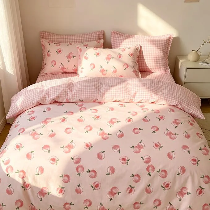 Green Pink Peach Comforter Set Queen Size Cute Fruit Soft Microfiber Bedding Set with Pink Plaid Backn 3Pieces All Season Lightweight Summer Comforter Set for Girls Next-Generation