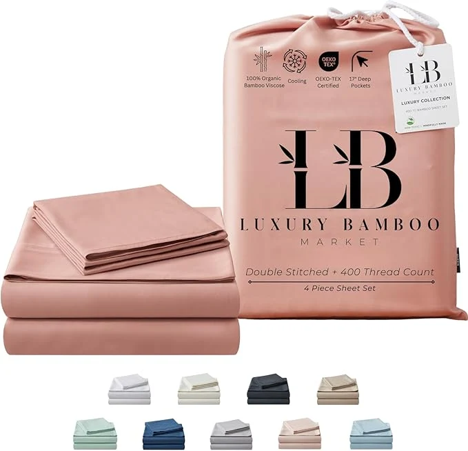 Elegant Luxury Bamboo Market Full Size Sheet Set Viscose Derived from Bamboo Organically Grown Ultra Soft Cooling Sheets for Hot Sleepers 17 quot Deep Pocket Rose Quartz Modern