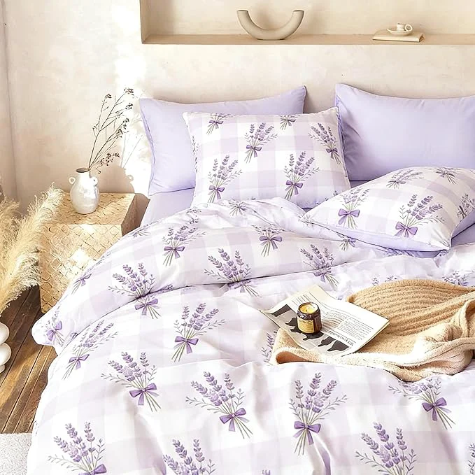 Casual Lavender Comforter Set Full Size Purple Gingham Bedding 3Pcs Boho Plaid Checkered Pattern Quilted Comforter with 2 Pillowcases 79 quot x90 quot Trusted