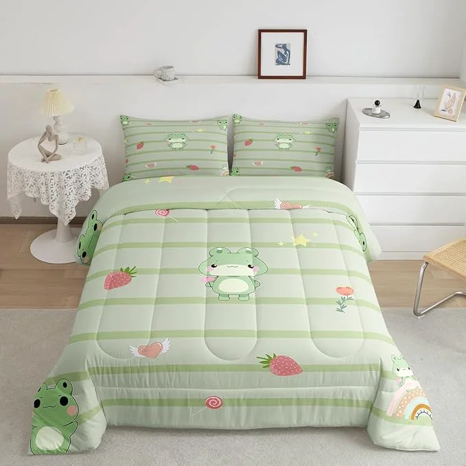 Innovative Cute Frog Comforter Set for Kids Pink Strawberry Sweet Fruits Bedding Sets Teens Cute Room Decor Light Green Frogs Stripes Duvet Set Quilt Set Twin 1 Comforter with 1 Pillow Case Elite