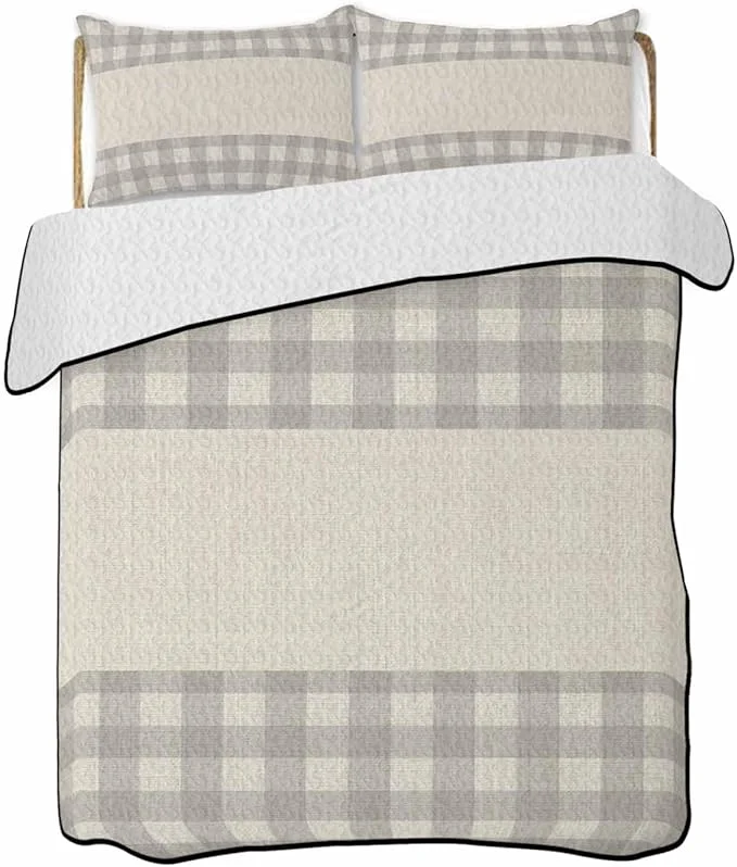 Comfortable Quilts Twin XL Size Retro Grey Soft Comforter Bedding Set for Bed Farmhouse Buffalo Plaid Vintage Beige Lightweight Quilted Bedspread with Pillow Cover 2 Pieces for All Season 68×98 Inch Verified