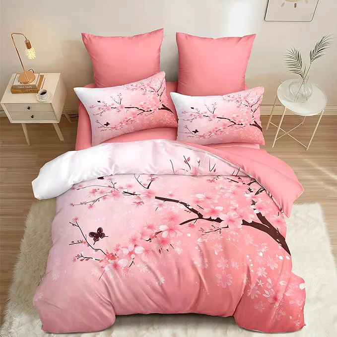 Enhanced Cherry Blossom King Comforter Set Pink Floral Bedding Set for Women Girls Japanese Flower Decor Quilt Set – 3Pcs Soft Fluffy Microfiber with 2 Pillowcases 104 90 Reliable