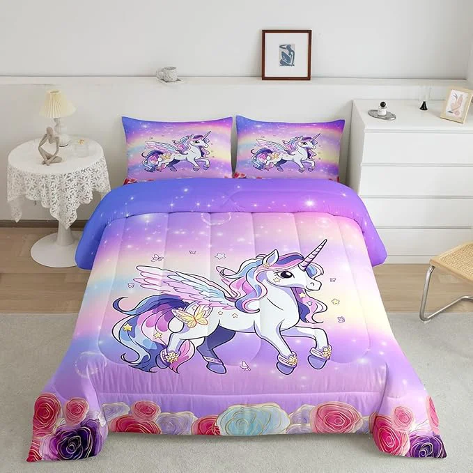Eco-Friendly Kids Girls Unicorn Bed Comforters Set Queen Size Pink Purple Rainbow Super Soft Microfiber Bedding Set for Boys Girls Cartoon Unicorn Rose Flowers Room Decorative Comforter Set 2 Pillowcase Elegant