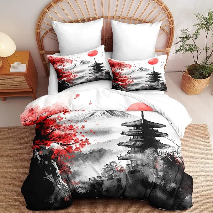 Versatile Japanese Style Botanical Comforter Set Twin Size 2 Pieces Classical Architecture Art Painting Lightweight Summer Comforter with 1 Pillow Case Ultra Soft Microfiber Bedding Set 68 quot X 86 quot Practical