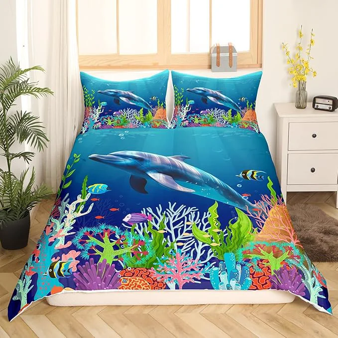 Eco-Friendly Cute Dolphin Kids Bedding Set Ocean Fish Coral Duvet Cover Set Cartoon Undersea Boys Girls Comforter Cover Set Blue Underwater Bedspread Cover Bedroom Quilt Cover King with 2 Pillowcase No Comforter Professional
