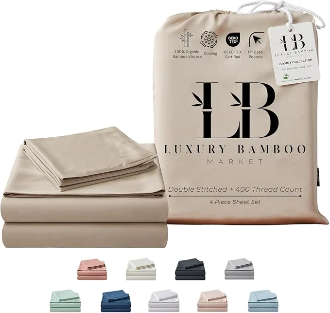 Breathable Split King Size Sheet Set 2 Fitted Sheets for Sleep Number amp Adjustable Beds Organically Grown Ultra Soft amp Cooling Viscose 17 quot Deep Pocket Dune Smooth