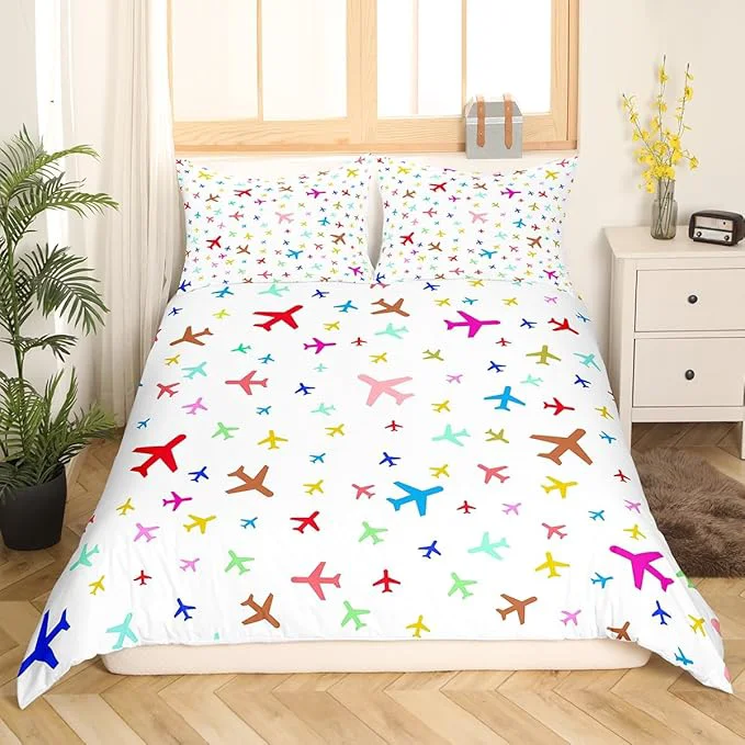 Easy-to-Use Castle Fairy Kids Aircraft Bedding Set Watercolor Transportation Vehicles Duvet Cover Set Boys Airplanes Comforter Cover Colorful Bedspread Cover Bedroom Quilt Cover Twin No Comforter Selected