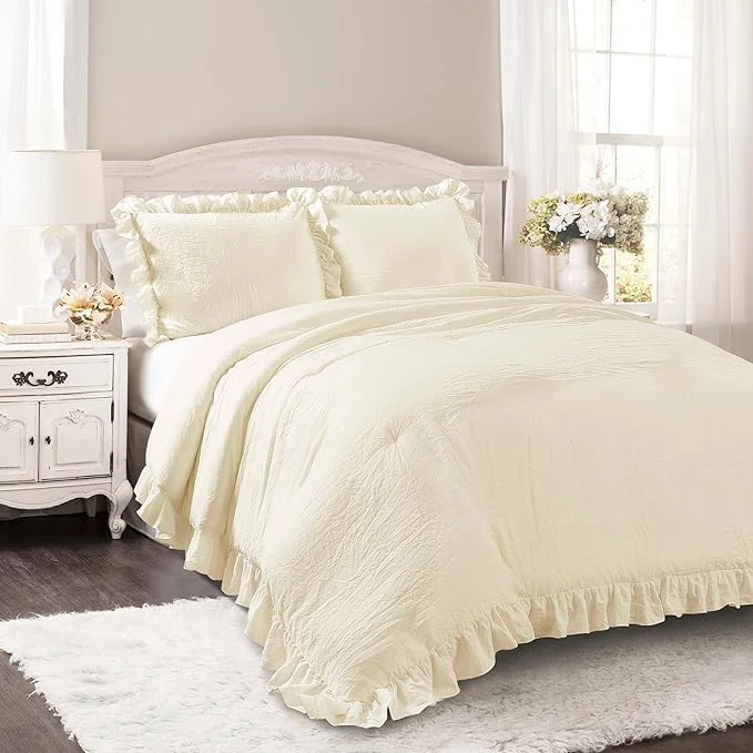 Advanced Lush Decor Reyna Ruffle Comforter Set – 3 Piece Cozy Ruffled Bedding Set – Timeless Elegance and Comfort for Bedroom – King Ivory Breathable