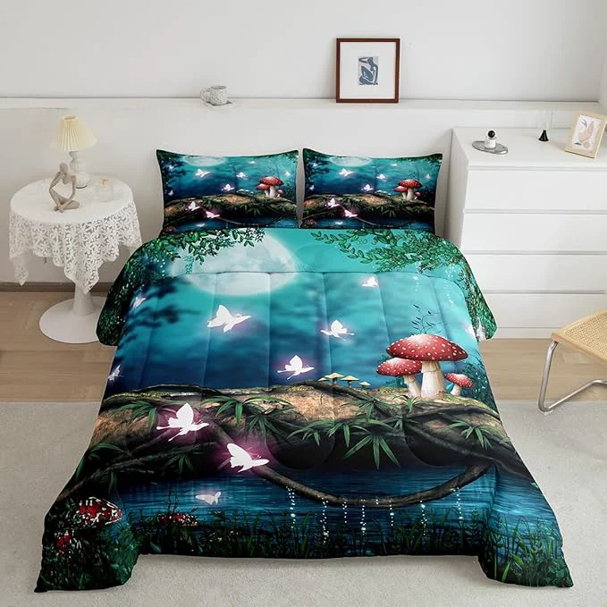 Versatile Red Mushroom Boys Girls Comforter Set Full Size Moon Night Sky Jungle Duvet Sets Teens Bedroom Decor al Butterfly Cartoon Plant Brushed Soft Bedding Comforter High-Grade