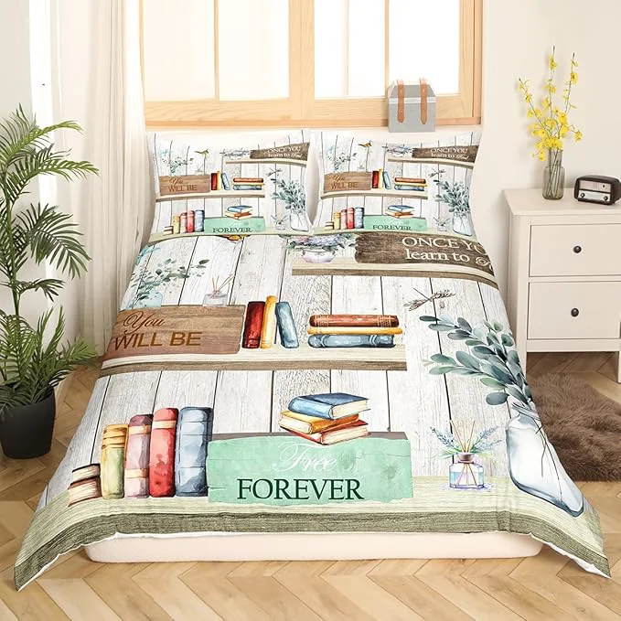 Soft Watercolor Books Bedding Set Reading Time Girls Women Duvet Cover Set Rustic Farmhouse Style Comforter Cover Floral Leaves Bedspread Cover Bedroom Quilt Cover King with 2 Pillowcase No Comforter Luxury