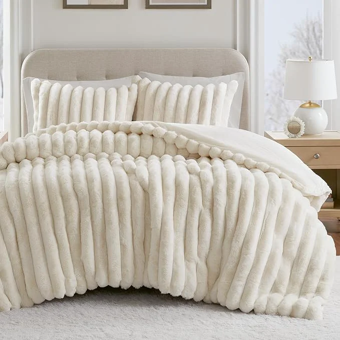 Traditional Madison Park Jasmine King Comforter Set Luxurious Reversible Faux Fur Plush Ribbed Velvet Bedding Fuzzy Thick Warm Winter Comforter Super Soft Fluffy 3-Piece Set Ivory Trusted