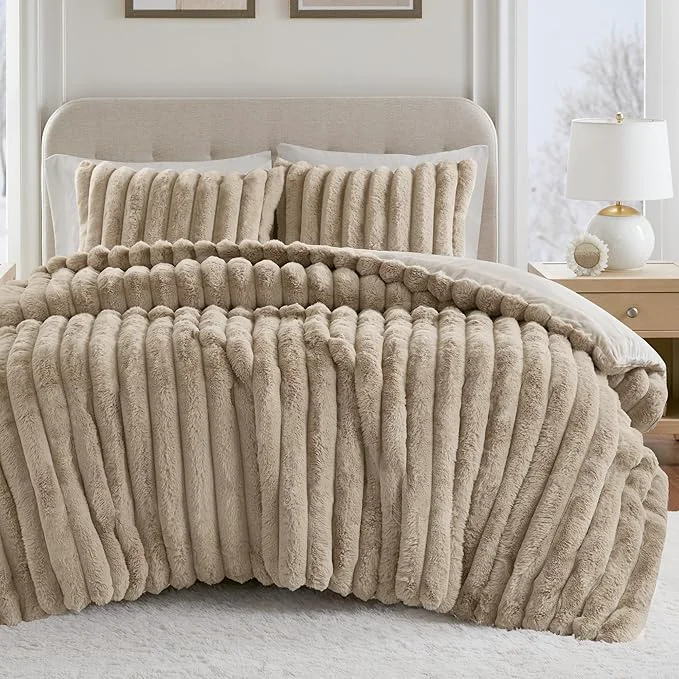 Fast Madison Park Jasmine King Comforter Set Luxurious Reversible Faux Fur Plush Ribbed Velvet Bedding Fuzzy Thick Warm Winter Comforter Super Soft Fluffy 3-Piece Set Taupe Smooth