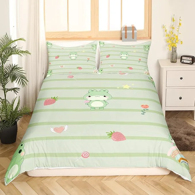 User-Friendly Castle Fairy Cute Frog Duvet Cover King Size Pink Strawberry Sweet Fruits Bedding Set for Teens Adults Light Green Frogs Stripes Comforter Cover Soft Quilt Cover No Comforter Sophisticated