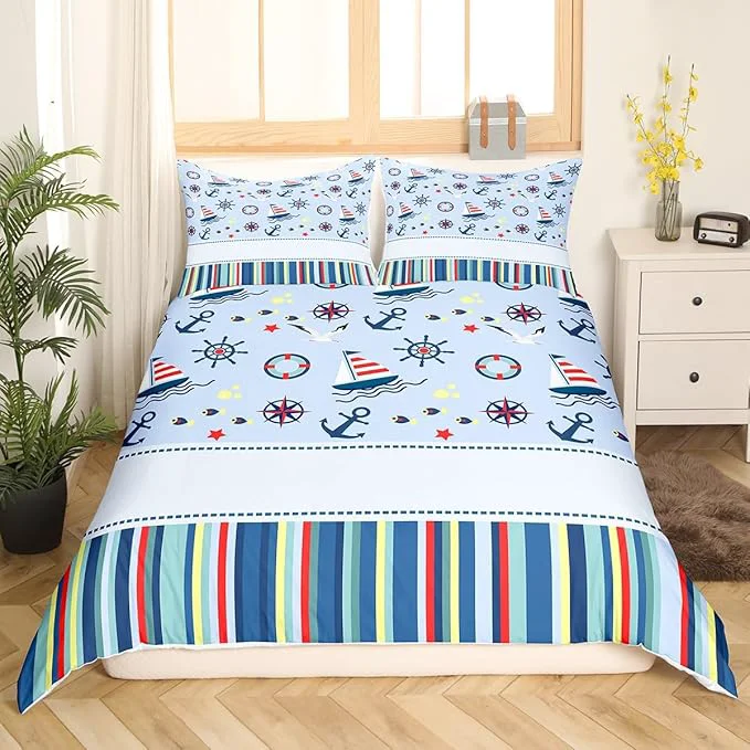 Premium Material Castle Fairy Nautical Anchor Bedding Set Ocean Fish Seagull Blue Duvet Cover Set Outdoor Adventure Comforter Cover Red Blue Stripes Bedroom Quilt Cover Twin with 1 Pillowcase No Comforter Exceptional