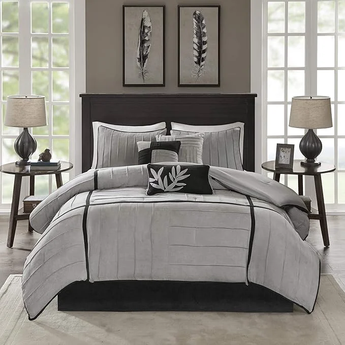 Top-Quality Madison Park Cozy Comforter Set Casual Blocks Design All Season Matching Bed Skirt Decorative Pillows Queen 90 quot x90 quot Dune Suede Black Grey 7 Piece Efficient