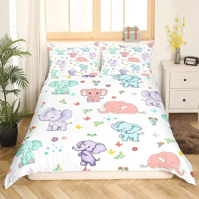 Easy-to-Use Cartoon Elephant Queen Size Duvet Cover for Teens Youth Watercolor Flowers Leaves Butterfly Comforter Cover with 2 Pillow Shams Cute Wild Animal Elephants Bedding Set Breathable No Comforter Elite