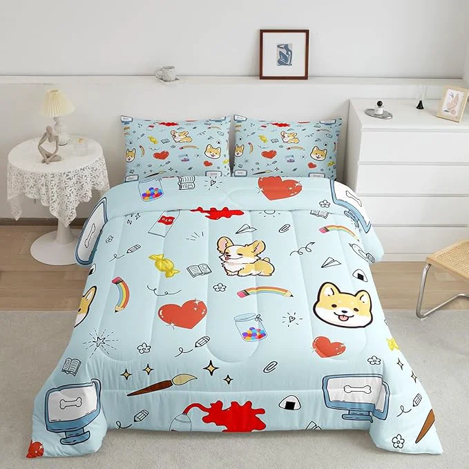 Crafted Cartoon Dog Boys Girls Comforter Set Full Size Hippie Graffiti Painting Duvet Sets Teens Bedroom Decor Kawaii Puppy Pet Theme Brushed Soft Bedding Comforter Excellent