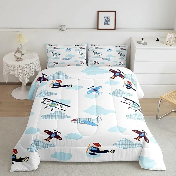 Carefully Designed Kids Aircraft Bed Comforters Set Queen Size Boys Teens Airplanes Super Soft Microfiber Bedding Set for Boys Girls Blue White Clouds Chic Gingham Room Decorative Comforter Set 2 Pillowcase Superior