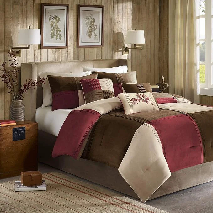 Selected Madison Park Cozy Comforter Set Casual Blocks Design All Season Matching Bed Skirt Decorative Pillows Cal King 104 quot x92 quot Red Brown 7 Piece Official