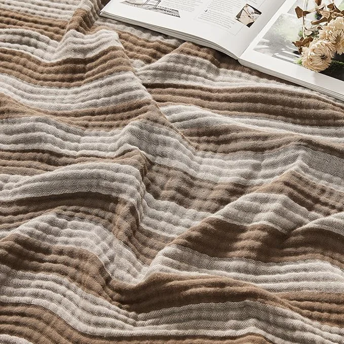 Secure EMME Cotton Muslin Large Throw Blanket Couch Breathable Gauze Soft Lightweight Bed Blankets Adults Striped Brown 50 quot x70 quot Modern