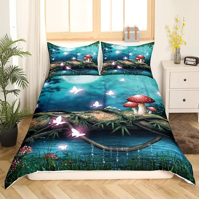 Breathable Red Mushroom Full Size Duvet Cover Moon Night Sky Jungle Bedding Set 3pcs for Kids Teens al Butterfly Cartoon Plant Comforter Cover Soft Quilt Cover Bedroom Decor Bedspread No Comforter First-Class