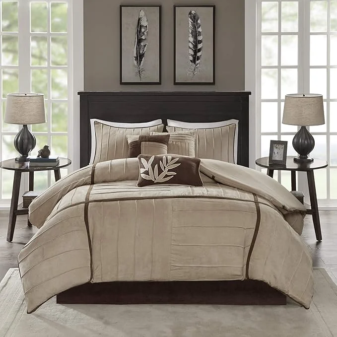 Enhanced Madison Park Cozy Comforter Set Casual Blocks Design All Season Matching Bed Skirt Decorative Pillows Full 82 quot x90 quot Dune Suede Beige Brown 7 Piece Sophisticated