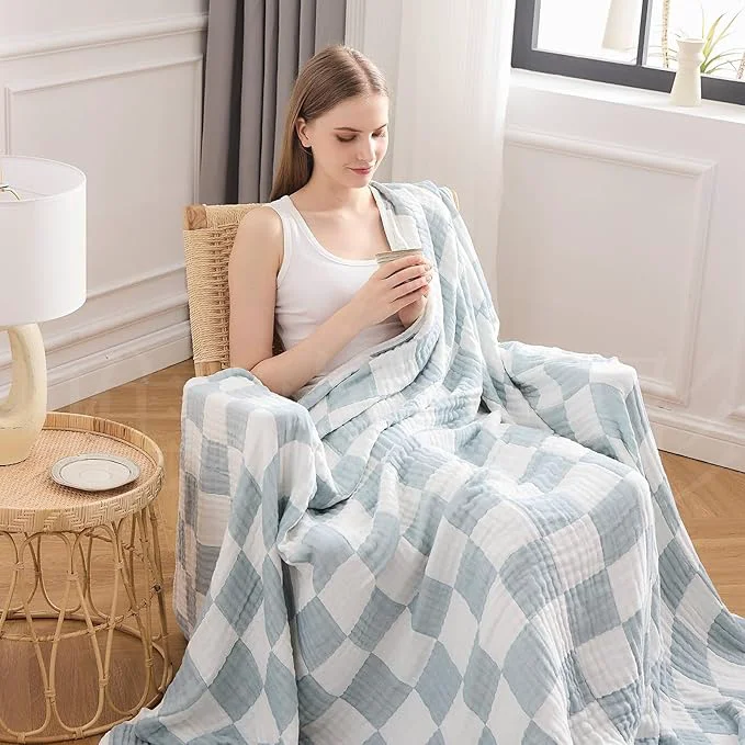 Practical EMME Checkered Cotton Blanket Queen Size for Bed Soft Large Muslin Bamboo Bed Blankets 80 quot x90 quot Lightweight Breathable All Season Gauze Teal Trusted