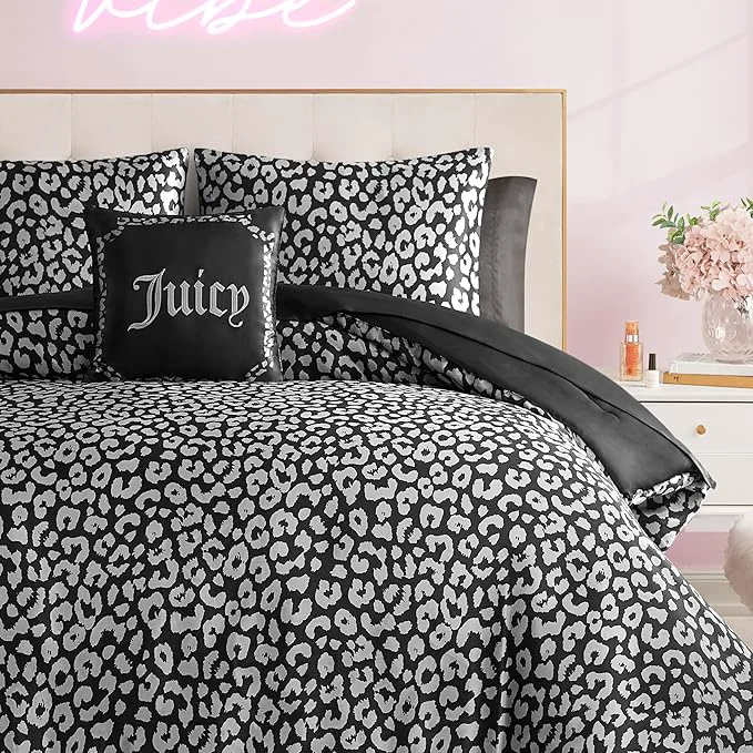 Premium Juicy Couture Modern Black Leopard Satin King Comforter Set – Luxury Bed in a Bag – Soft amp Stylish 8-Piece Bedding Collection Expertly Made