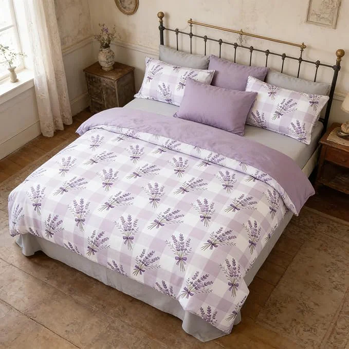 Elite Gingham Queen Bed in A Bag 5Pcs Purple Lavender Bedding Comforter Set Boho Checkered Quilted Comforter with 2 Pillowcases 1 Flat Sheet 1 Fitted Sheet 90 quot x90 quot Organic