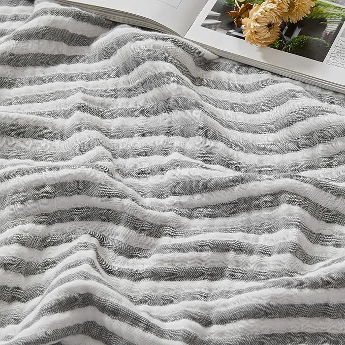 Recyclable EMME Cotton Muslin Twin Blanket Breathable Gauze Soft Lightweight Adults Gifts for Women Striped Grey 60 quot x80 quot Optimized