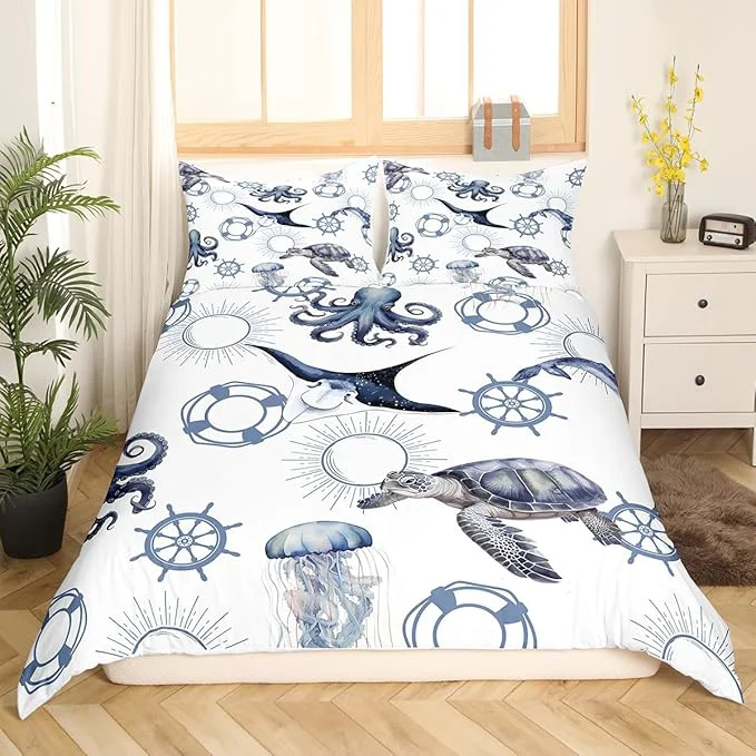 Practical Sea Turtle Bedding Set for Kids Octopus Jellyfish Ocean Life Comforter Cover with Zipper Closure Nautical Style Sea Animals Bedding Set Twin Size Boys Girls Ultra Soft Quilt Cover No Comforter Unique