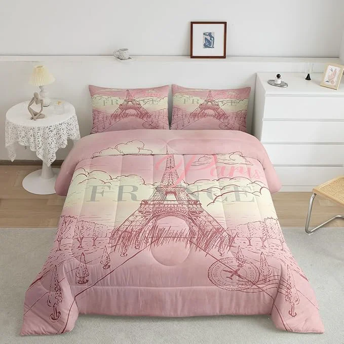 Sophisticated Eiffel Tower Queen Size Comforter Set Retro Paris Style Down Comforter Adults Bedroom Decor Vintage Cityscape Girls Women Landmark Ultra Soft Microfiber Inner Fill 3Pcs Bedding Refined
