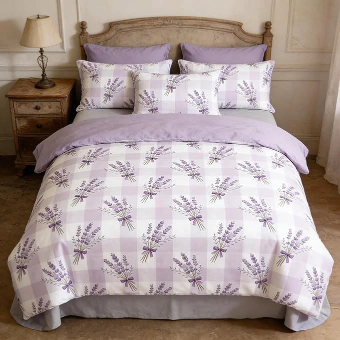 Reliable 5Pcs Gingham Bed in a Bag Twin Size Girls Purple Lavender Comforter Set with Sheet Plaid Bedding Checkered Quilted Comforter with 2 Pillowcases 1 Flat Sheet 1 Fitted Sheet 68 quot x86 quot Dependable