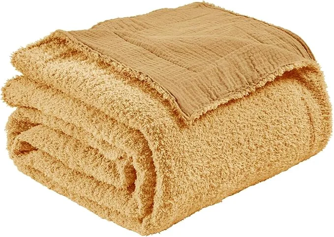 Trendy EMME Muslin and Fleece Throw Blanket Reversible – 50 quot 60 quot Beige Soft Warm Throw Blankets for Couch Bed Picnic Travel Bed Relaxed