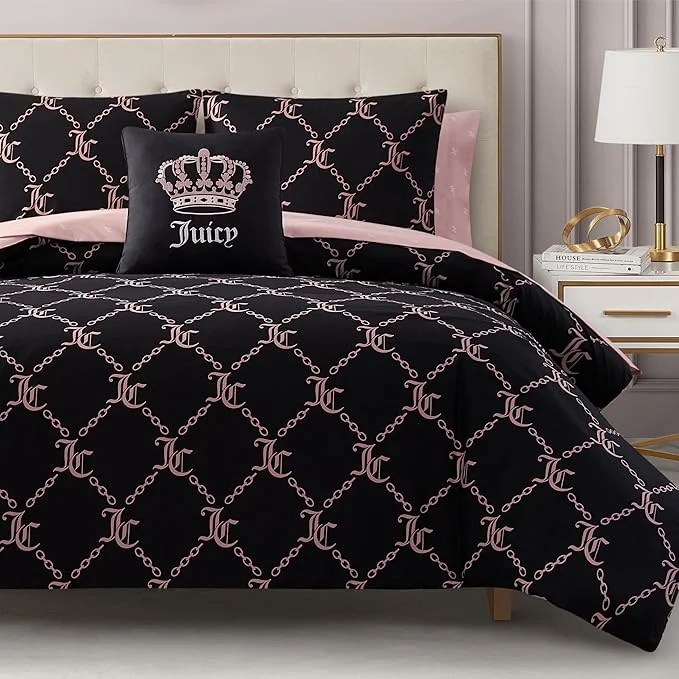 Easy-to-Use Juicy Couture Black Link Logo Printed Comforter Set Full – Complete 8-Piece Bed in a Bag Collection Lightweight
