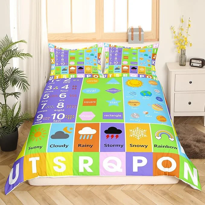 Original Design Castle Fairy Alphabet Bedding Set for Kids Educational Weather Planets Number Comforter Cover with Zipper Closure Watercolor Patchwork Bedding Set Twin Size Boys Girls Ultra Soft Quilt Cover Functional