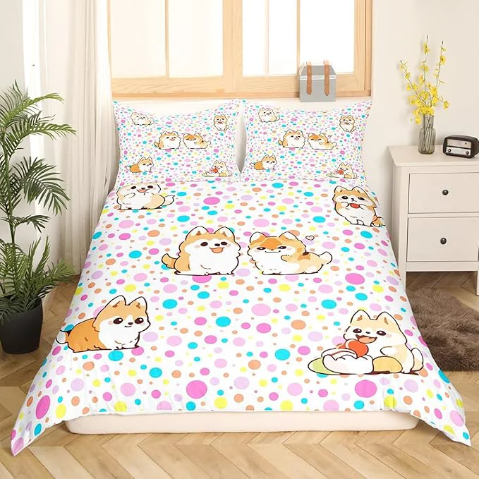Safe Kawaii Dogs Bedding Set Colorful Polka Dots Duvet Cover Set Cartoon Puppies Comforter Cover Set Cute Pet Theme Bedspread Cover Bedroom Quilt Cover 3Pcs King with 2 Pillowcase No Comforter Eco-Friendly