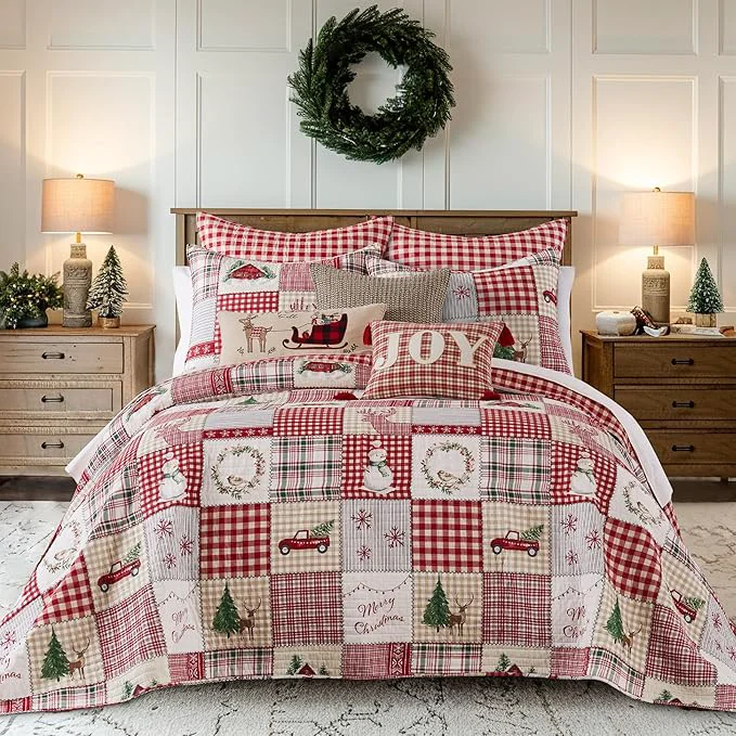 User-Friendly Levtex Home – Home for Christmas Bedspread Set – Full Bedspread and Two Standard Shams – Patchwork – Green Red Taupe Cream – Bedspread 96X106in. and Shams 20x26in. – Cotton Elegant