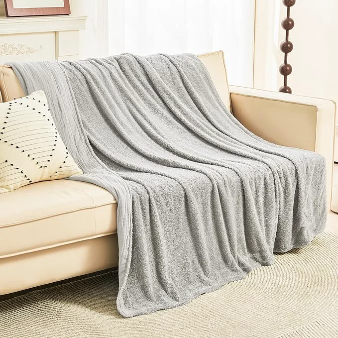 Luxury EMME Muslin and Fleece Throw Blanket Reversible – 50 quot 60 quot Grey Soft Warm Throw Blankets for Couch Bed Picnic Travel Bed Long-Lasting
