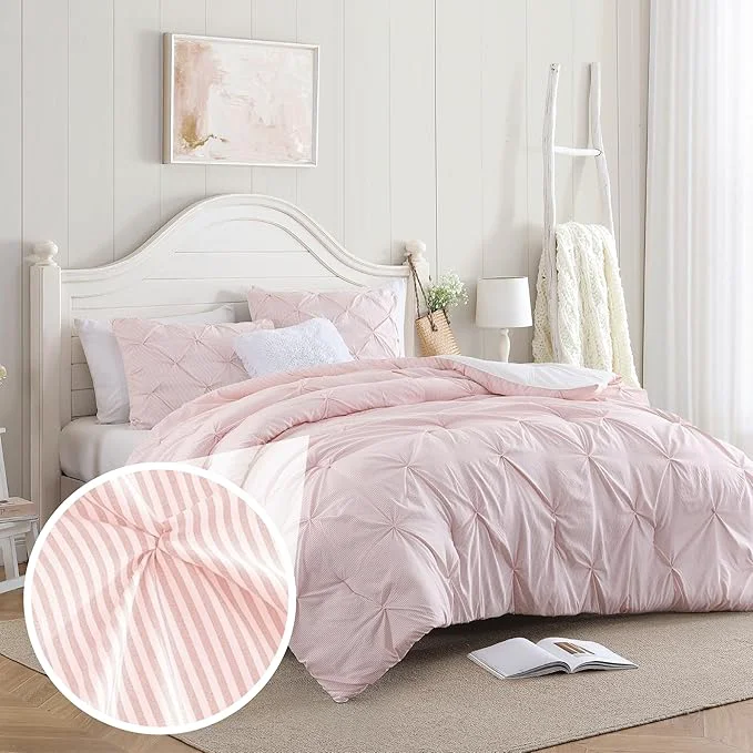 Sophisticated Swift Home Pinstripe Twin Twin XL Peach Pink Comforter Set – Classic Pintuck Bedding Set – 2 Pieces Bed Linen 1 Comforter and 1 Pillow Sham Breathable
