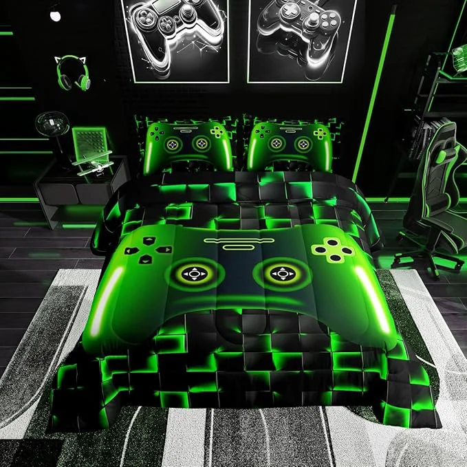 Erosebridal Full Size Game Console Comforter Set for Boys Girls Kids Gamer Bedding 3D Gaming Geometric Check Lightweight Soft Bedding Sets Neon Green Gamepad Bed Comforter Black Top-Quality
