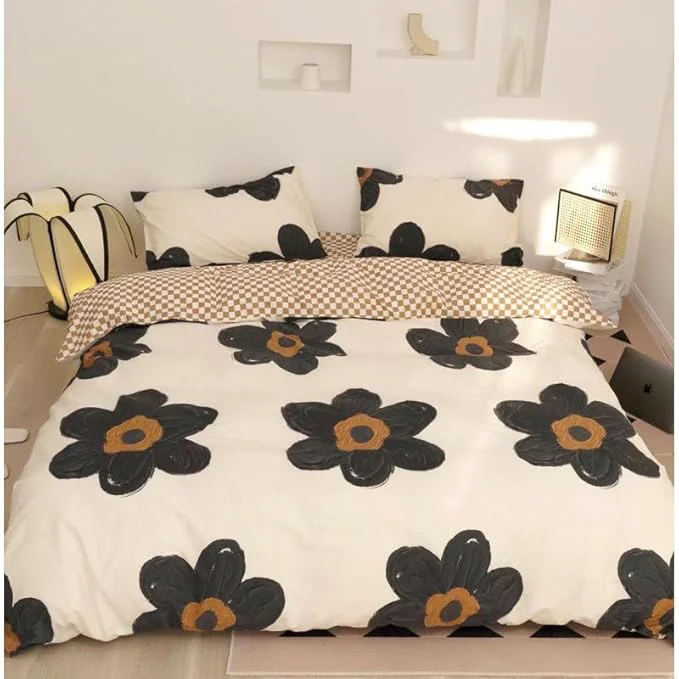 Fine Crafted TRP 3-Piece Soft Durable Double Brushed Microfiber Floral Comforter Set King Size Reversible Gingham Pattern Botanical Motifs Cute Bedding Cream Black Brown Colors Smooth Texture Cozy Plush Feel Minimalist