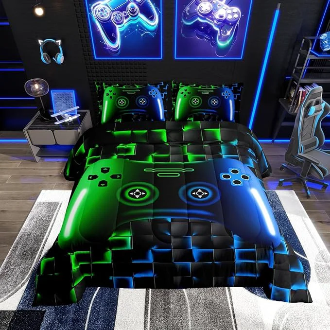 Flexible Erosebridal Gaming Comforter Sets for Boys Queen Size Bedding Sets for Boys Girls Kids 3D Gamer Geometric Comforter Game Console Lightweight Microfiber Duvet Quilt Neon Green Blue Black Glowing Authentic