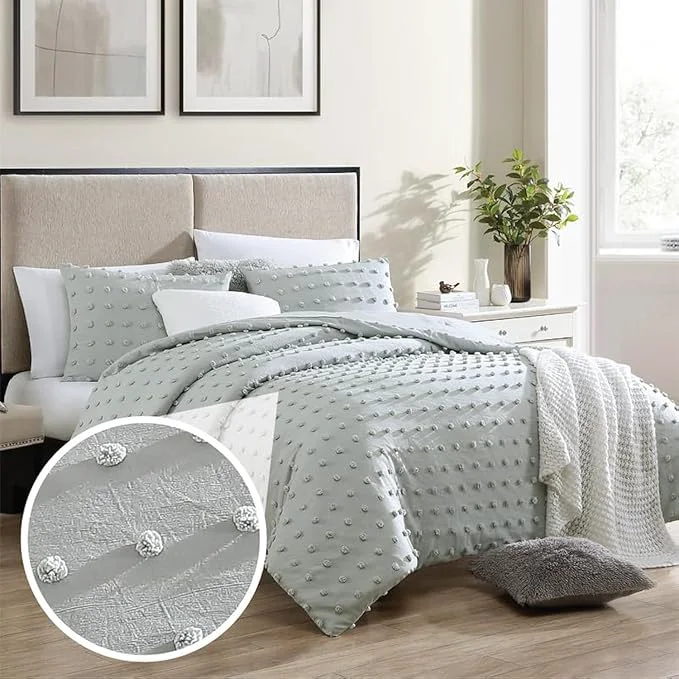 Pure Swift Home King Gray Comforter Set – Decorative Tufted Pom Poms Bedding Set – 3 Pieces Bed Linen 1 Comforter and 2 Pillow Shams Advanced