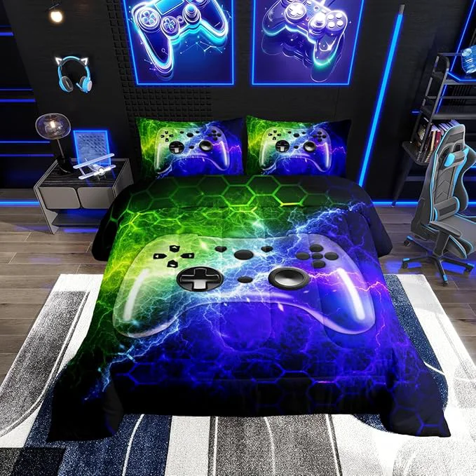 Trendy Erosebridal Boys Gaming Bedding Set Twin Size Kids Gamer Comforter Set Green Blue Lighting Gamepad Bedding for Teen Honeycomb Game Room Decor Soft Neon Games Console Quilt Duvet 2Pcs Fashionable