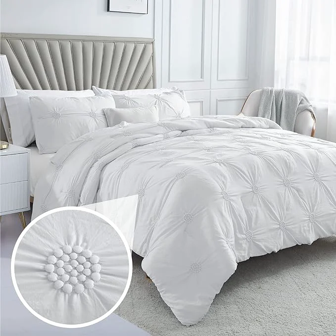 Fashionable Swift Home King White 3-Piece Down Comforter Set Bedding Ruched 3D Floral Pintuck All-Season Machine Washable Verified