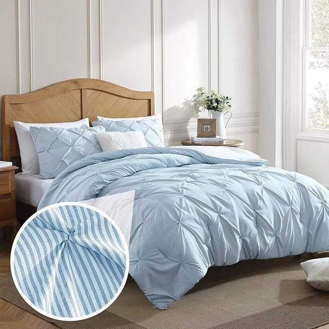 Top-Quality Swift Home King Pinstripe Chambray Blue Comforter Set – Classic Pintuck Bedding Set – 3 Pieces Bed Linen 1 Comforter and 2 Pillow Shams Efficient